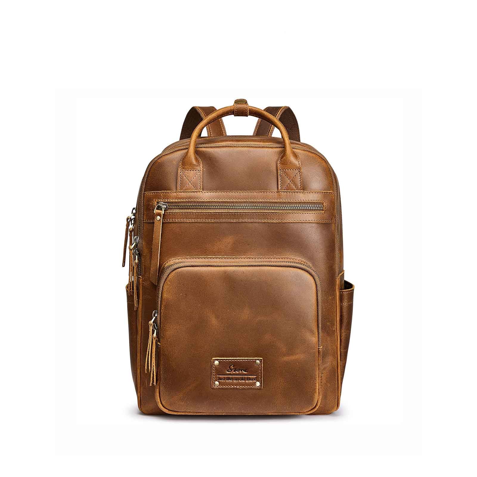 Genuine Leather Travel School Backpack, Light Brown Genuine Leather Travel School Backpack, Light Brown