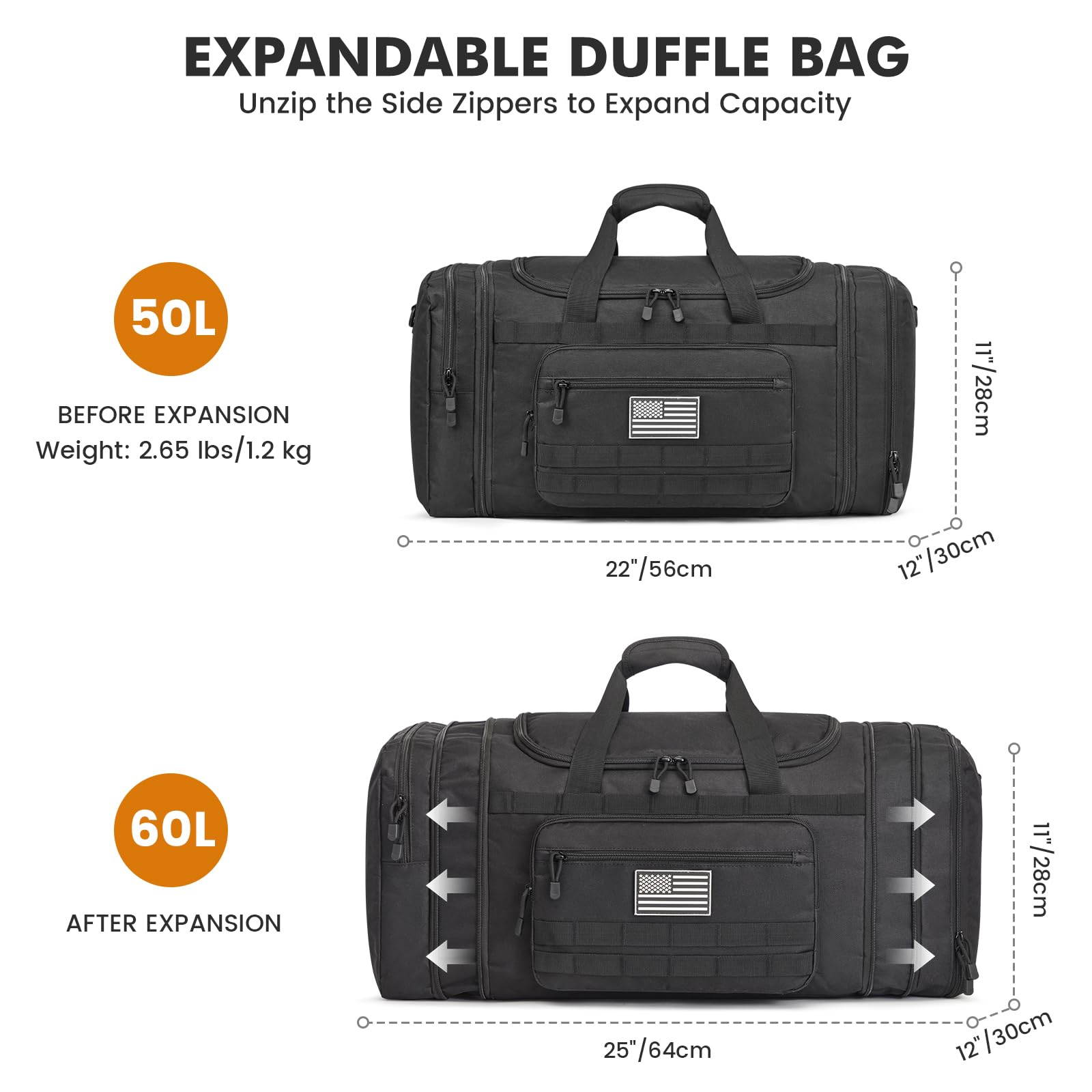 Expandable Travel Duffle Bag 60L with Shoe Compartment