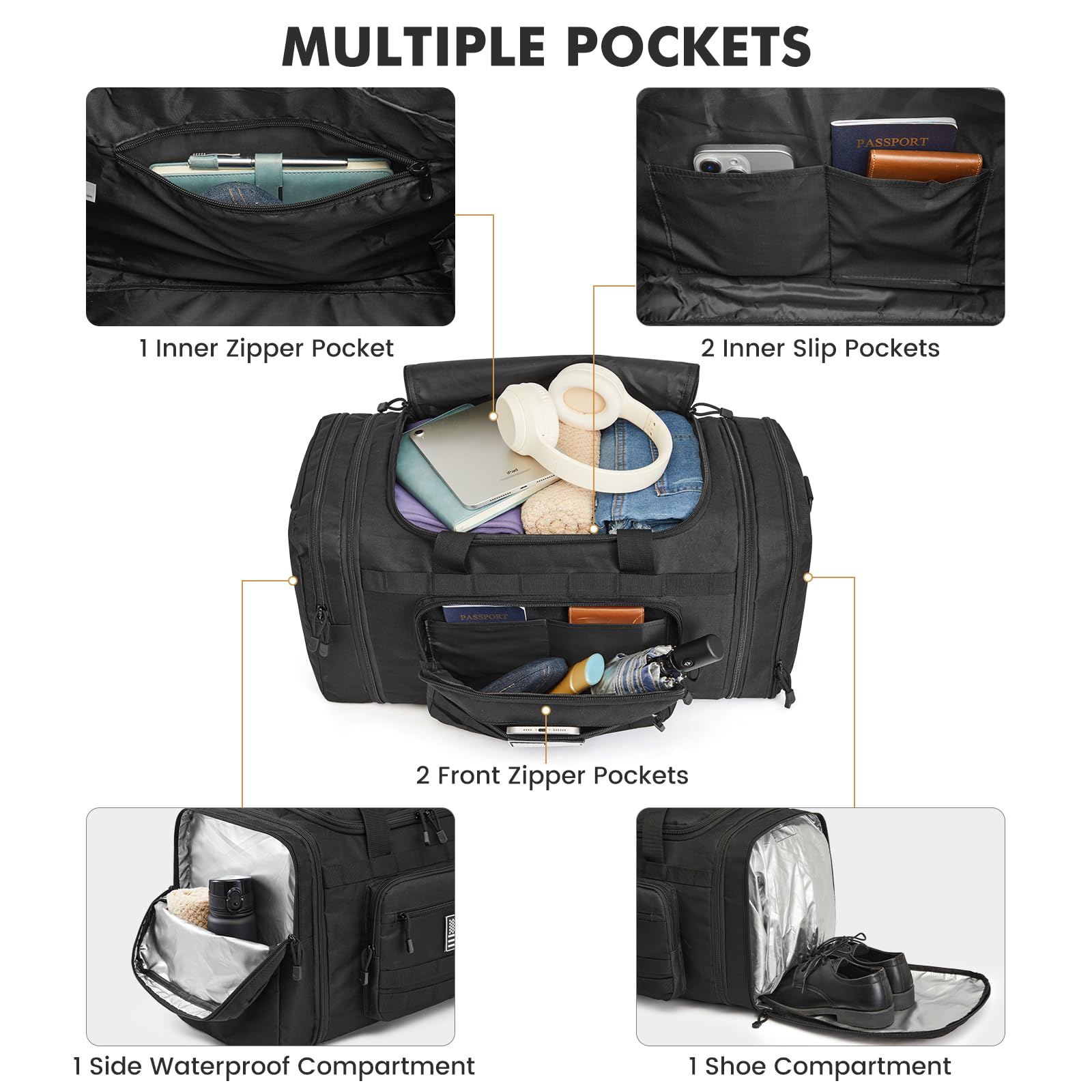 Expandable Travel Duffle Bag 60L with Shoe Compartment