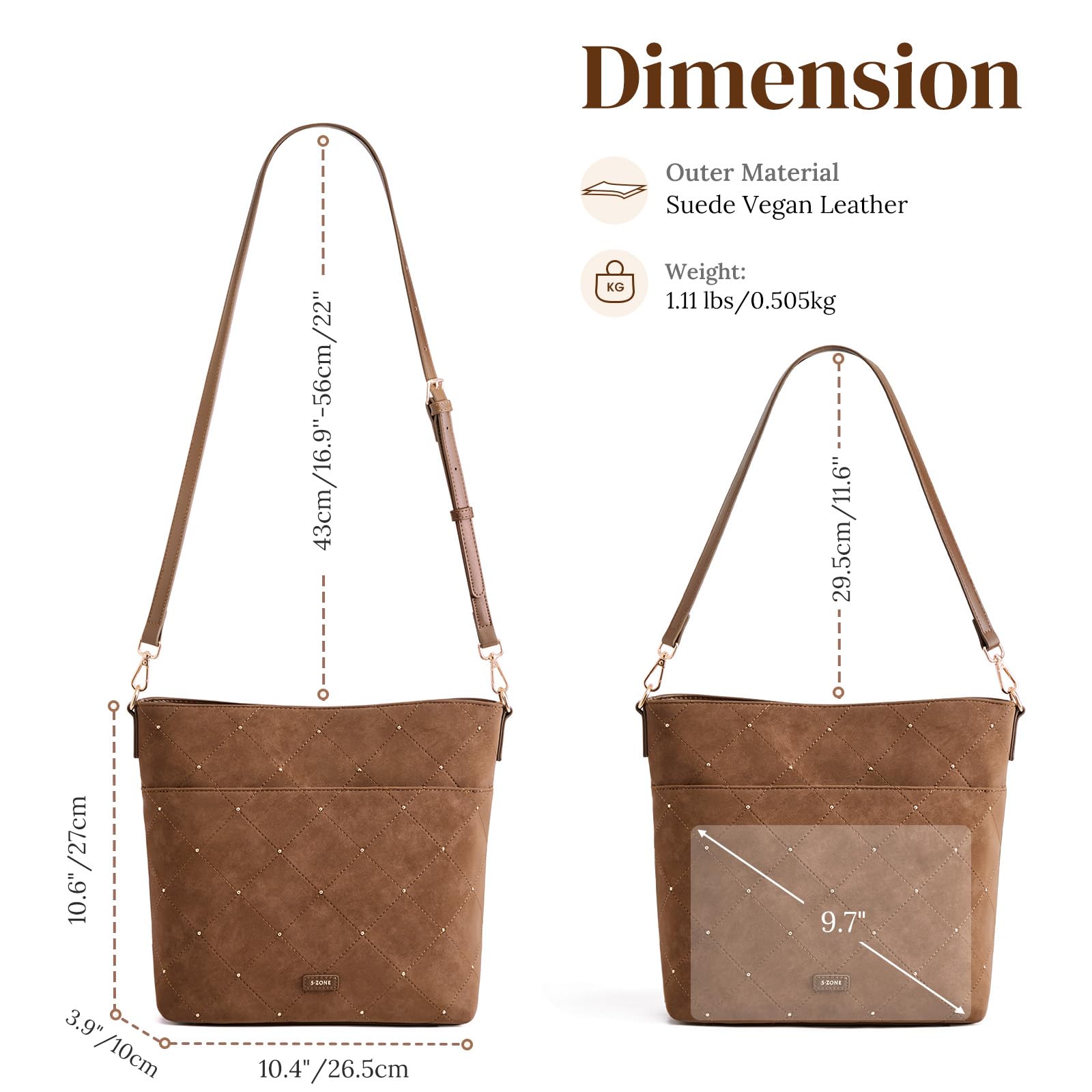 S-ZONE Faux Suede Purses for Women, Bucket Handbag Crossbody Bag 2 Straps