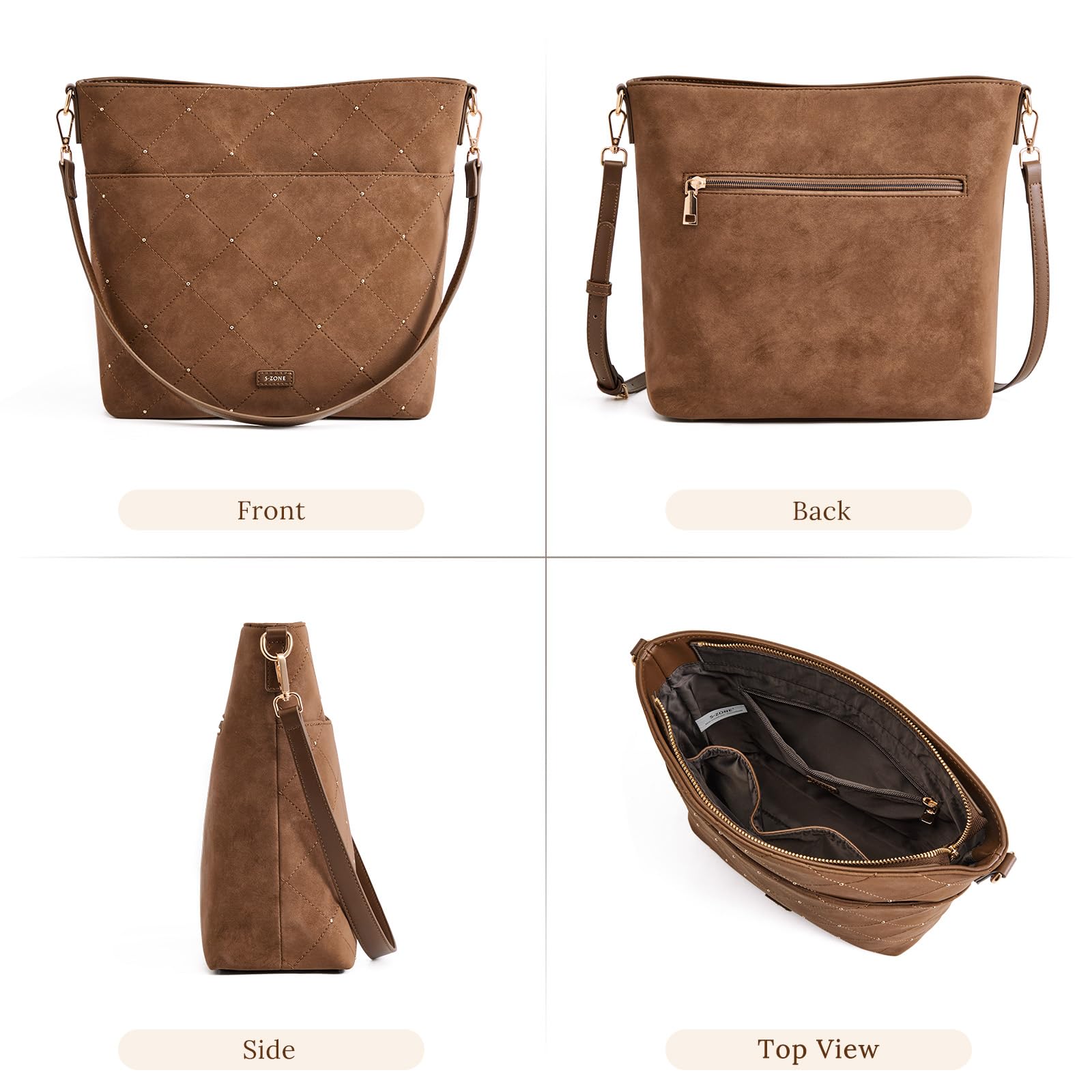 S-ZONE Faux Suede Purses for Women, Bucket Handbag Crossbody Bag 2 Straps