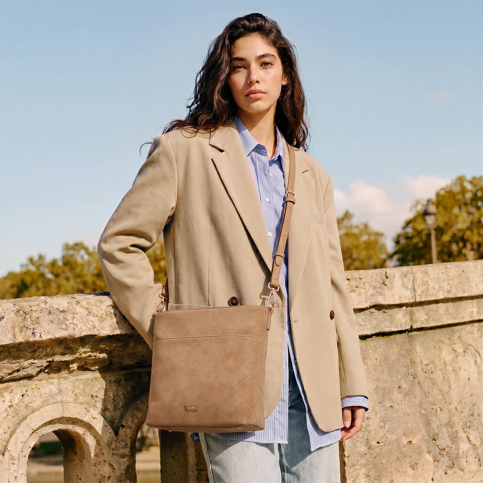 S-ZONE Faux Suede Purses for Women, Bucket Handbag Crossbody Bag 2 Straps