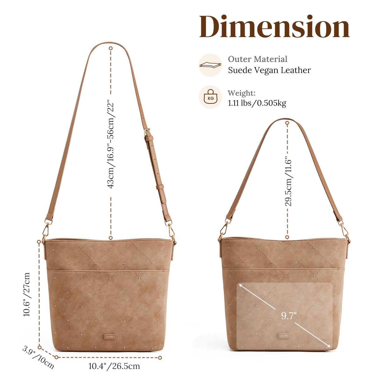 S-ZONE Faux Suede Purses for Women, Bucket Handbag Crossbody Bag 2 Straps