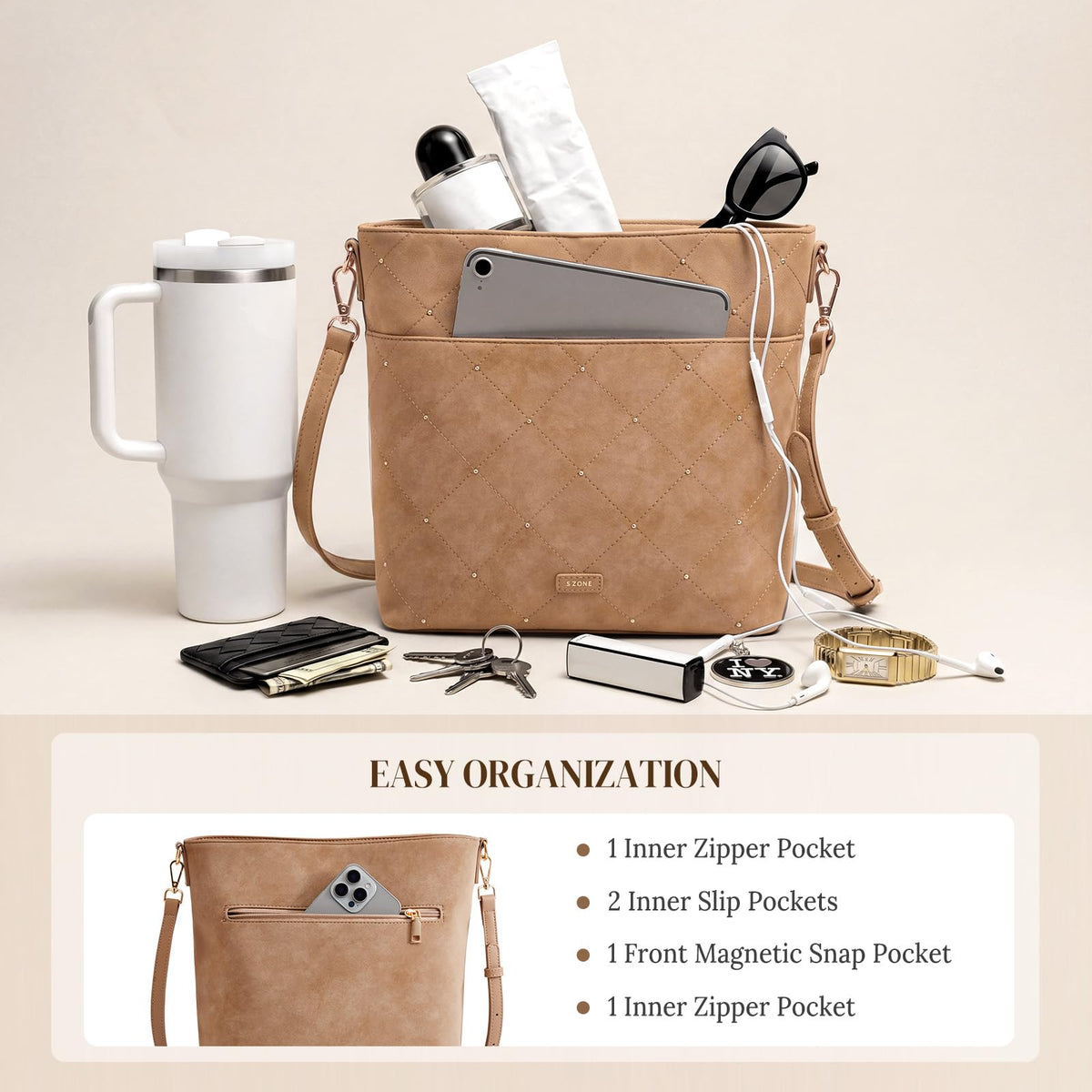 S-ZONE Faux Suede Purses for Women, Bucket Handbag Crossbody Bag 2 Straps