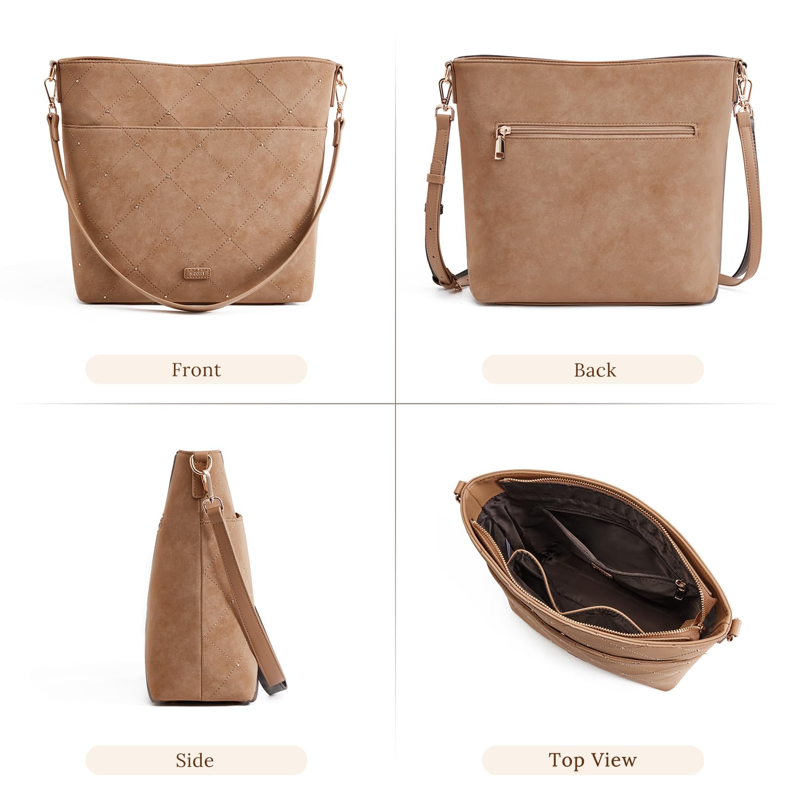 S-ZONE Faux Suede Purses for Women, Bucket Handbag Crossbody Bag 2 Straps