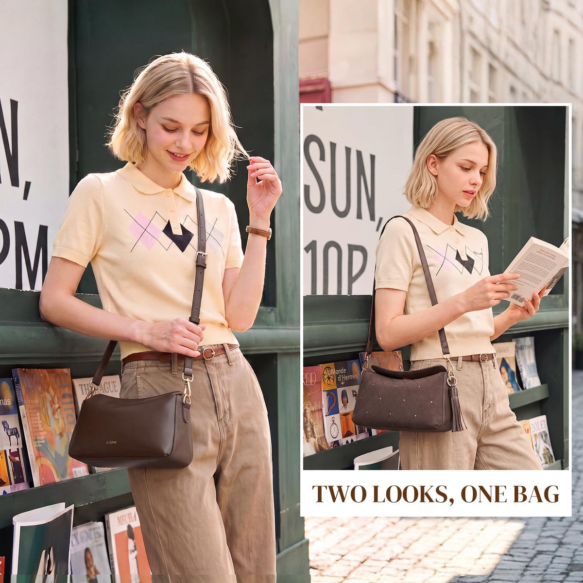 S-ZONE Small Purses for Women, Hobo Crossbody Shoulder Bag 2 Straps