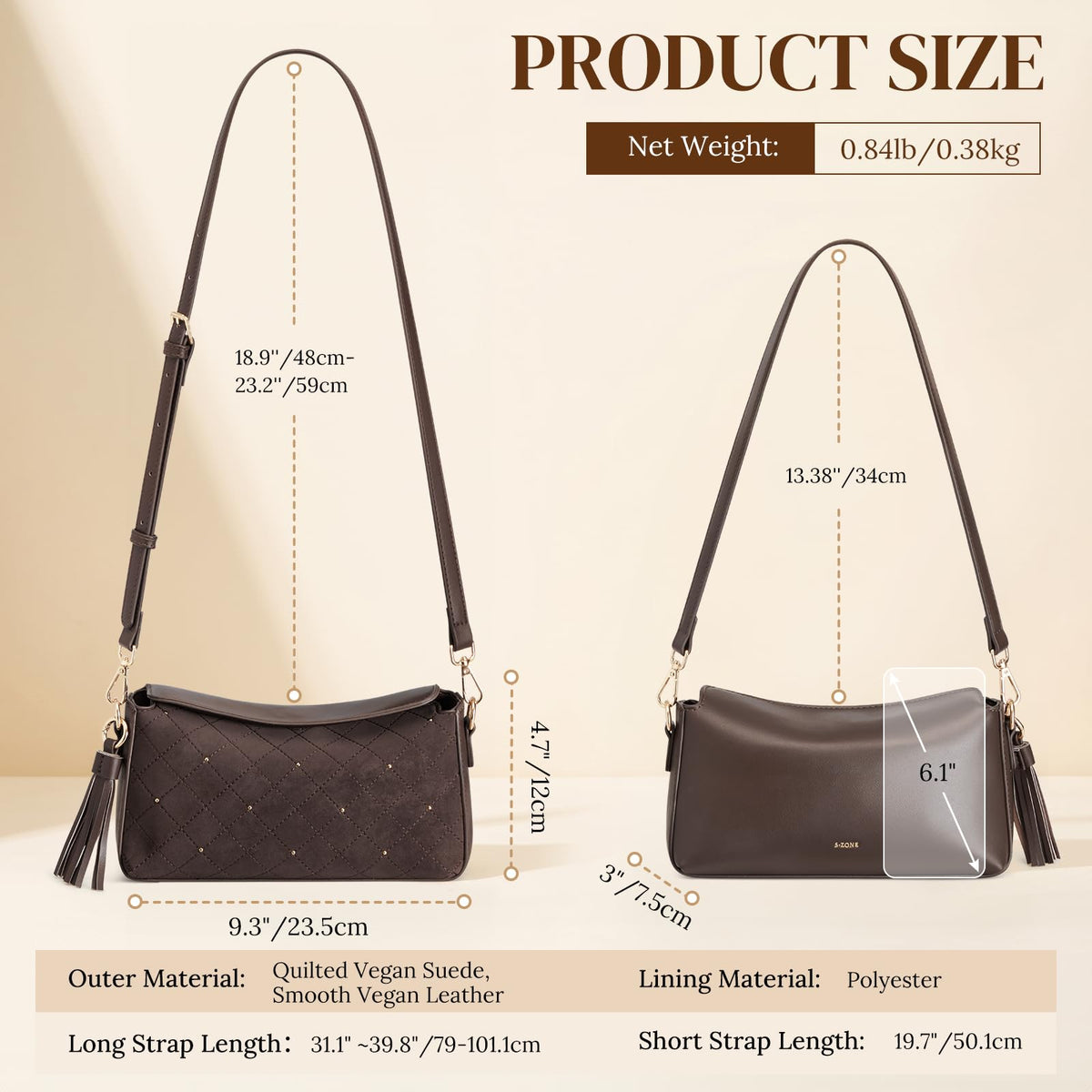 S-ZONE Small Purses for Women, Hobo Crossbody Shoulder Bag 2 Straps