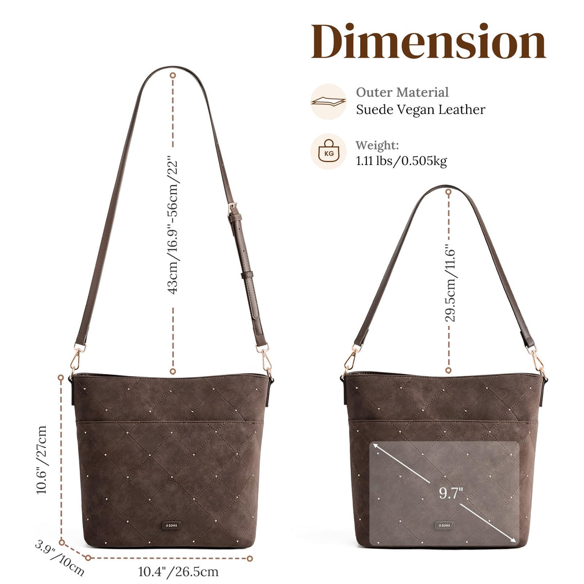 S-ZONE Faux Suede Purses for Women, Bucket Handbag Crossbody Bag 2 Straps