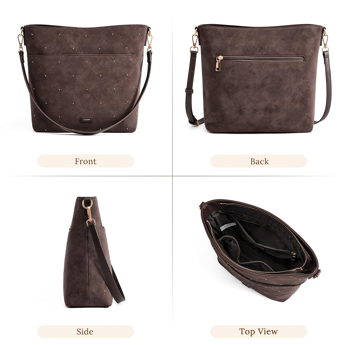 S-ZONE Faux Suede Purses for Women, Bucket Handbag Crossbody Bag 2 Straps