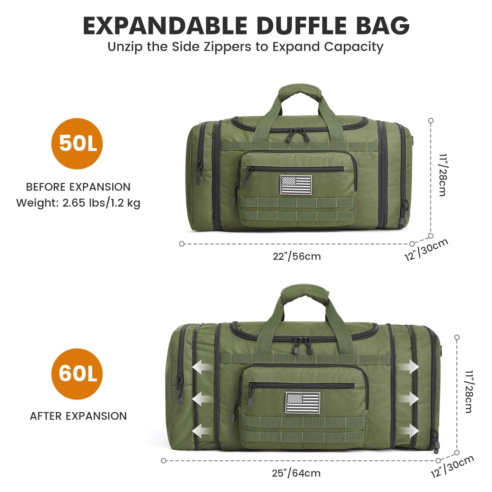 Expandable Travel Duffle Bag 60L with Shoe Compartment