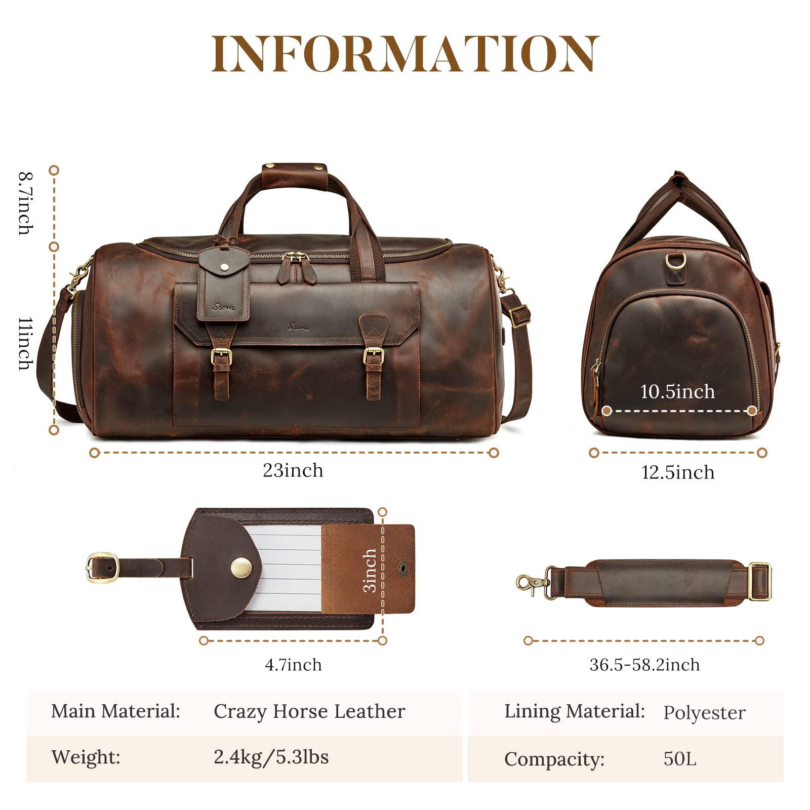 S-ZONE 50L Genuine Leather Duffel Bags For Traveling