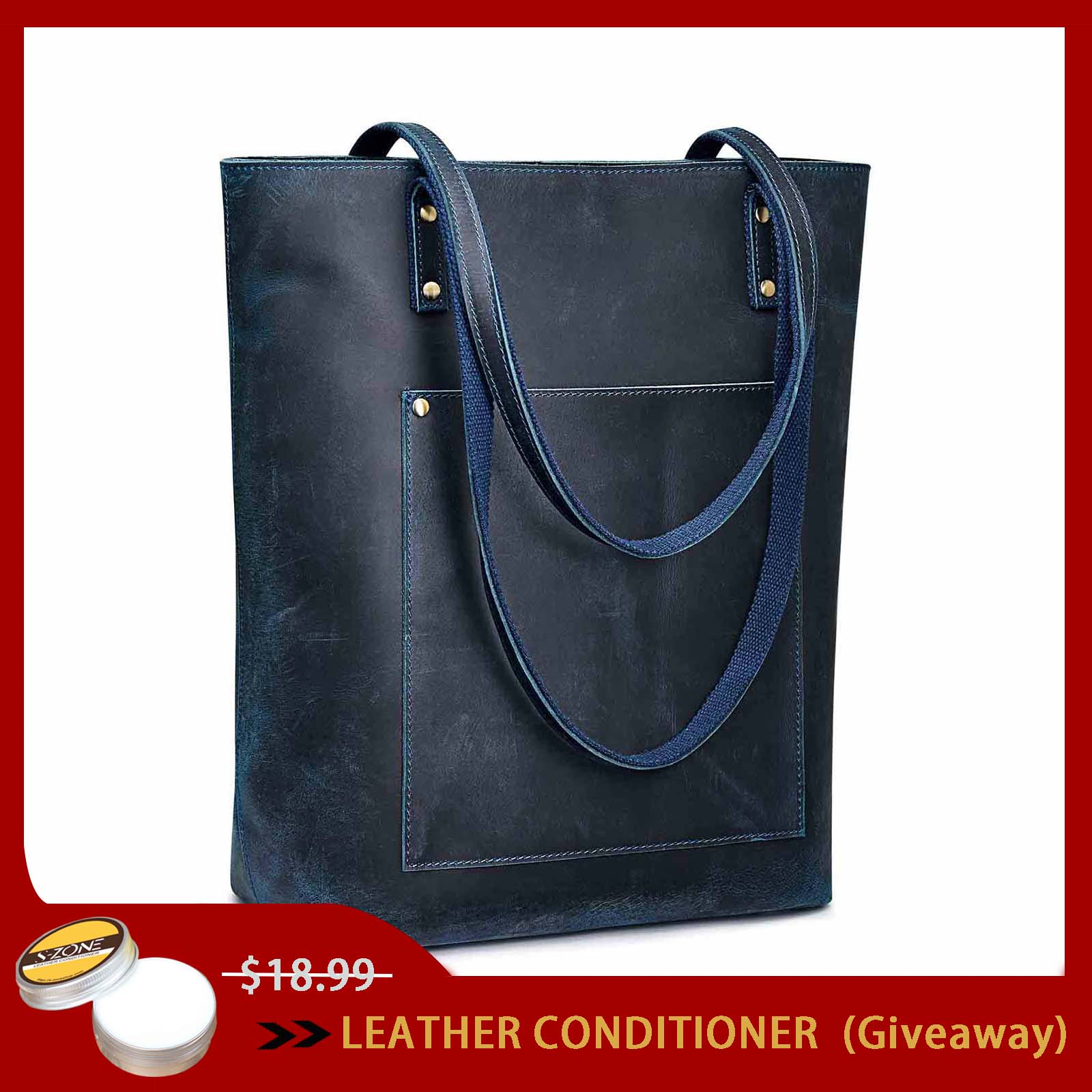 Genuine Leather Tote Bag with Front Pocket