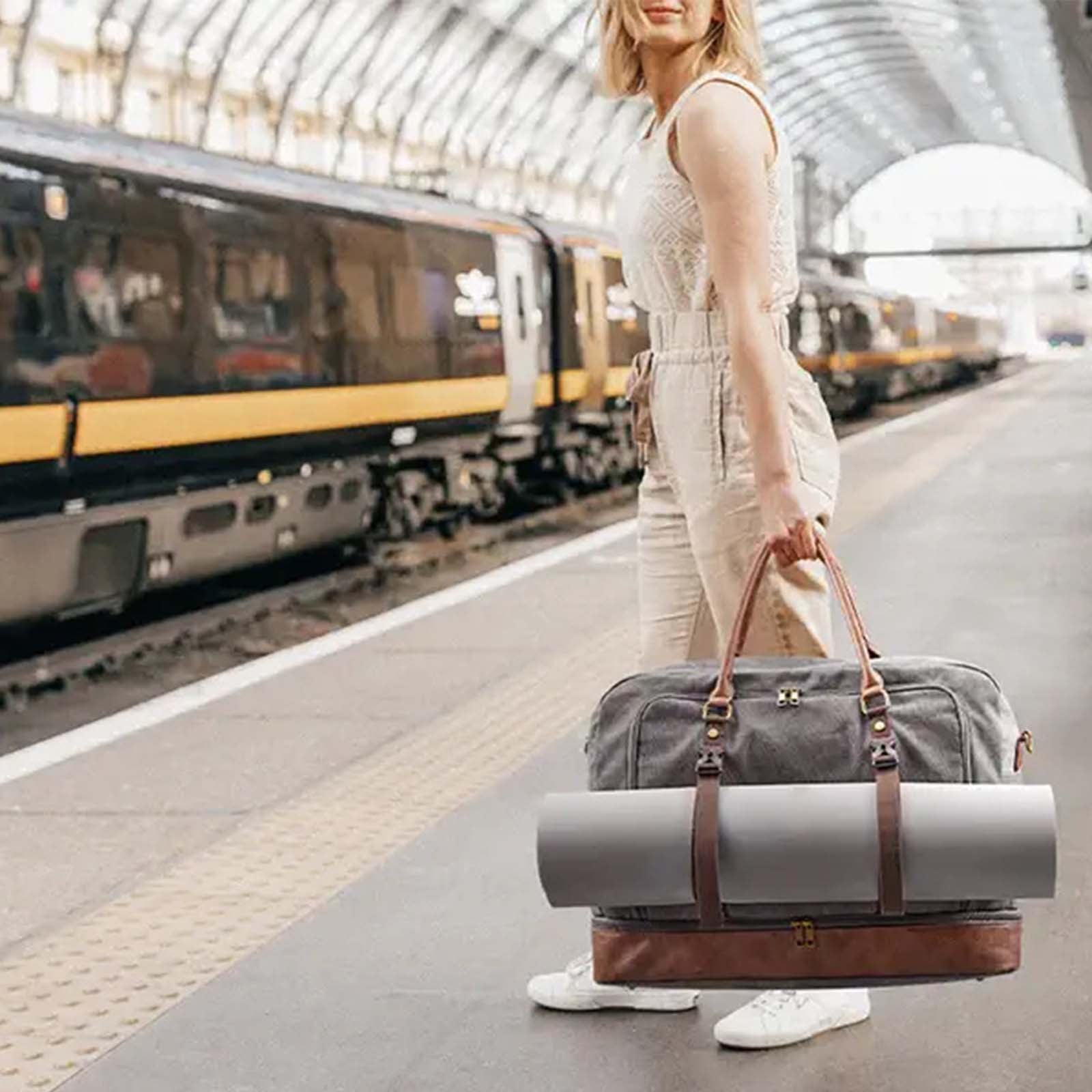Celvetch Weekender Bags for Women - Canvas Duffle Bag for Travel 45L  Overnight Bag Carry On Duffel Bag with Shoe Compartment - Beige