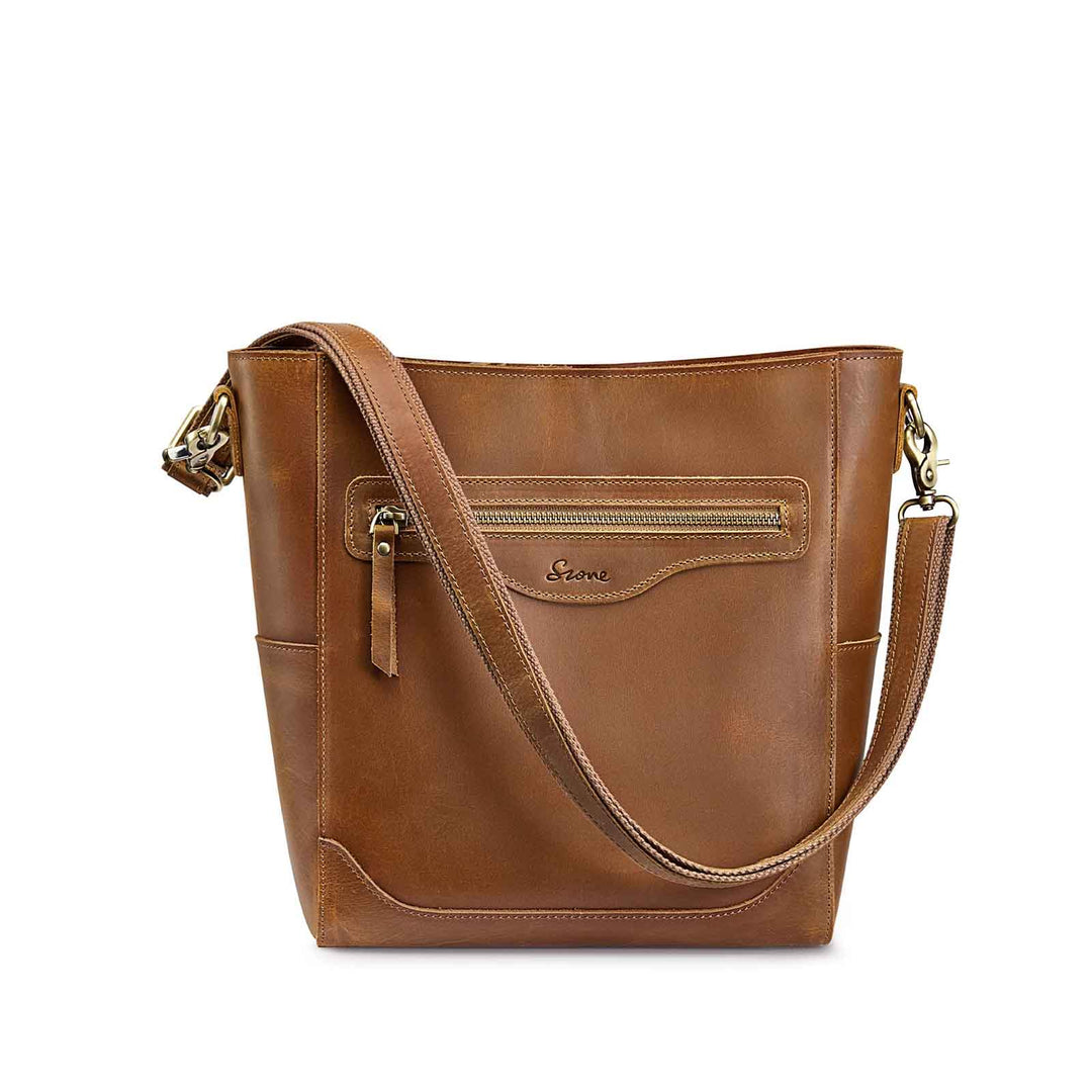 S-ZONE Women Genuine Leather Bucket Bag Hobo Shoulder Handbag Crossbody  Purses Vintage Tote Pocketbooks