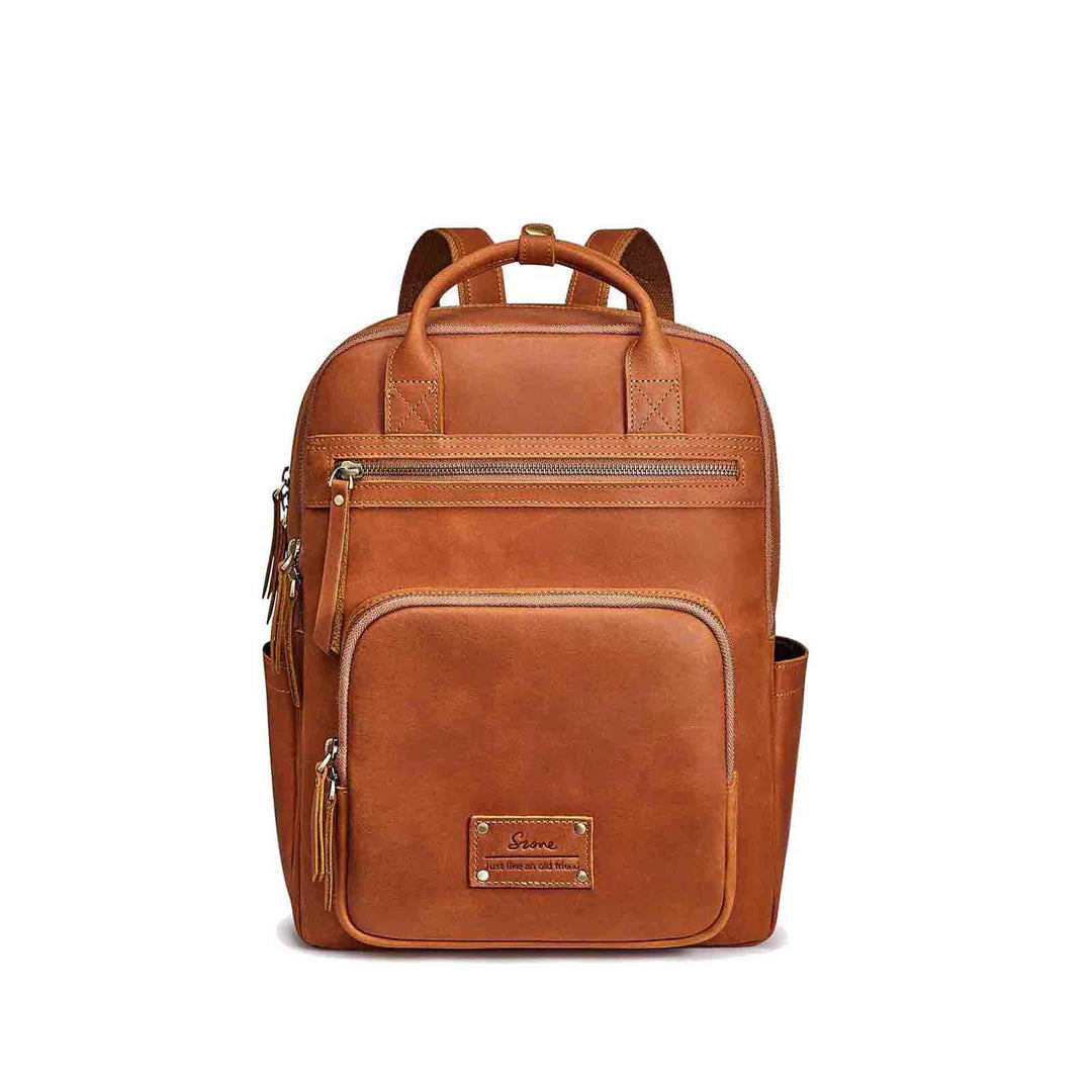 Genuine Leather Travel School Backpack, Cognac