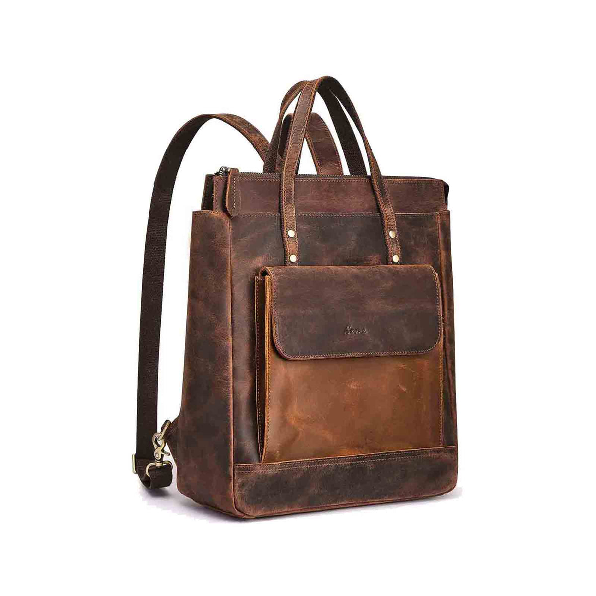 Retro Genuine Leather Laptop Backpack, Dark Brown With Light Brown
