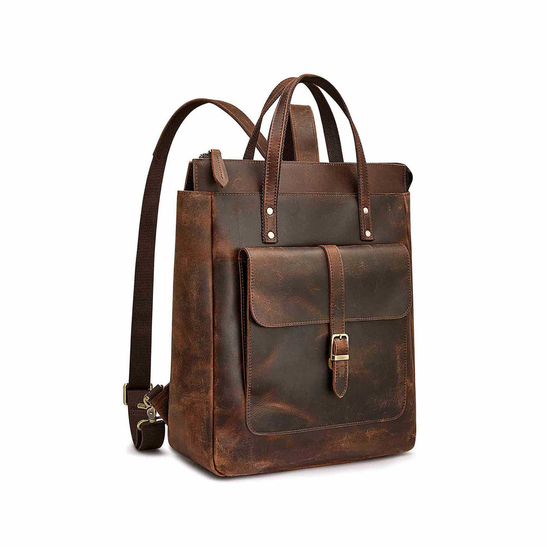 backpack brown faux leather flap top wide straps Leather Top-handle Backpack, Dark Brown