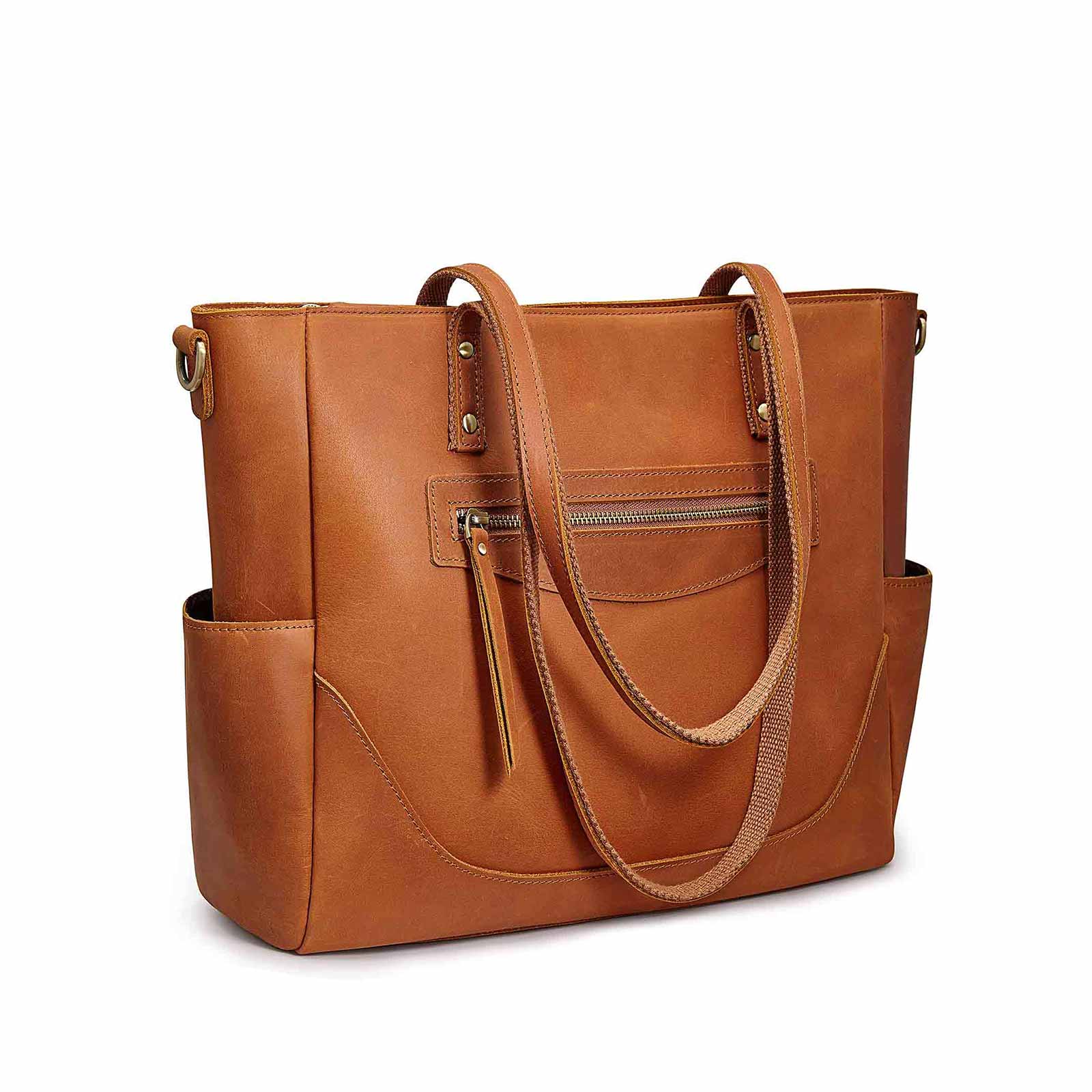 Luxury Leather Tote Bag for Women with Zipper and 14 inch Laptop