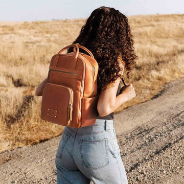 camel leather school backpack Genuine Leather Travel School Backpack